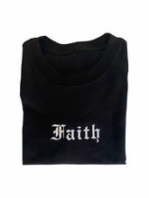Black Faith t-shirt with white embroidery across the chest